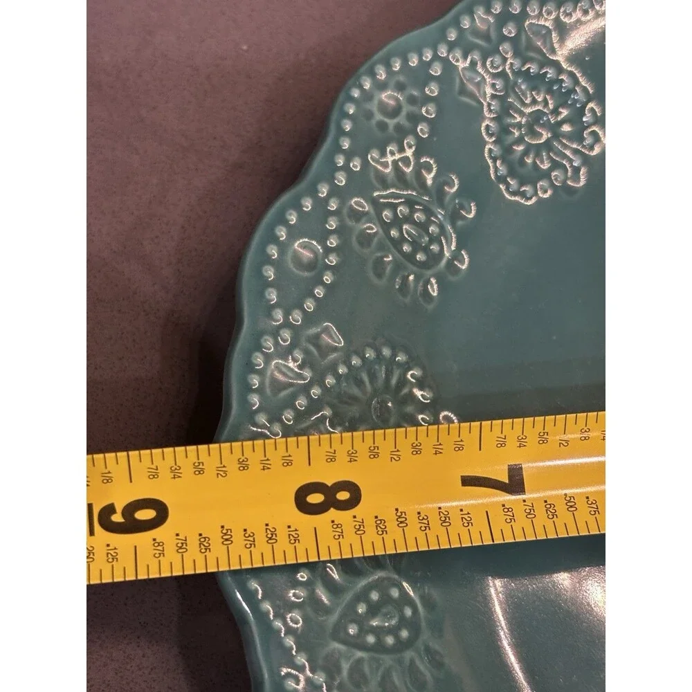 Set Of 3 PIONEER WOMAN Cowgirl Lace Teal Salad Plates Embossed Scalloped 8.75